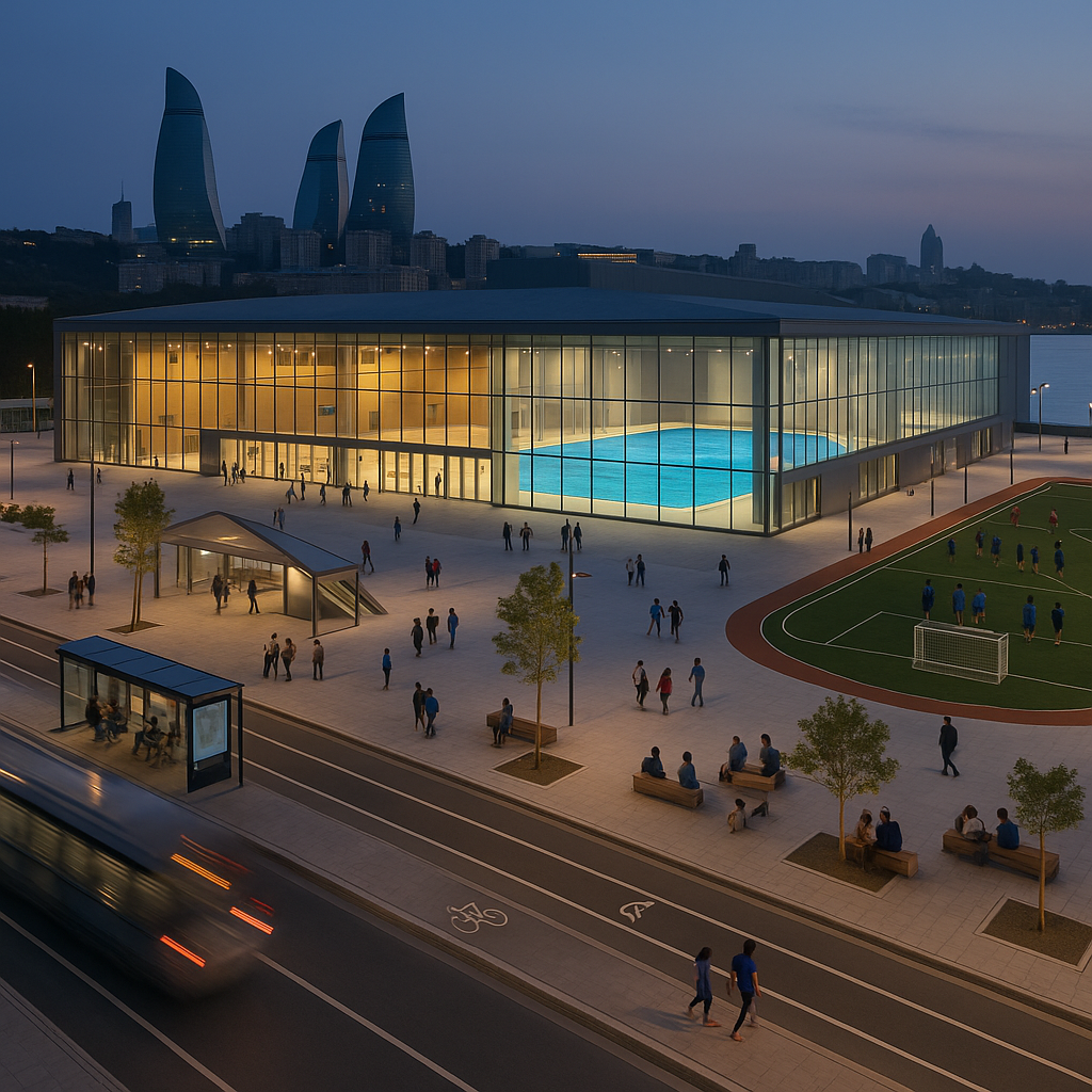 Blue-hour editorial photo of a modern sports complex in Baku activating a public plaza
