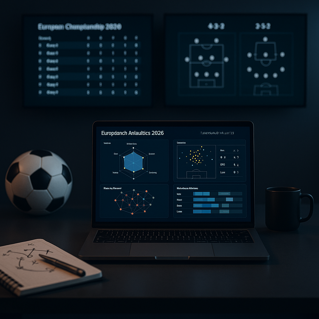 Photorealistic studio shot of a football analytics desk with a laptop showing heatmaps and