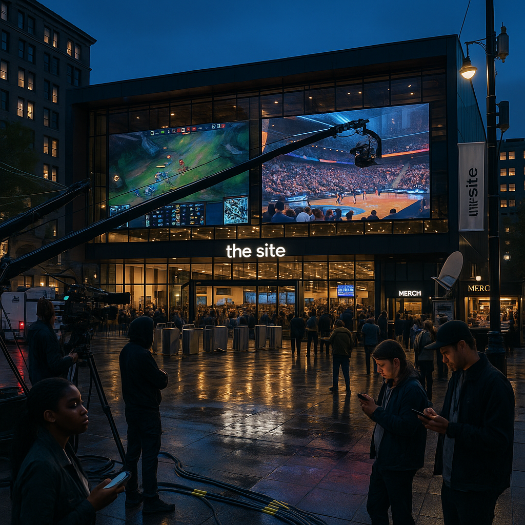 Photographic still for the site: inside the arena concourse at golden hour sliding into